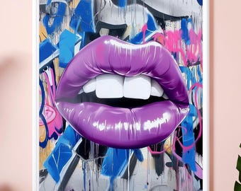 Bold Purple Lips Graffiti Art Print | Vibrant Urban Street Art Digital Download | Playful Wall Art for Modern Home or Office Decor
