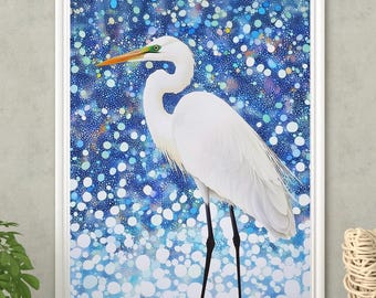 Elegant White Heron Digital Wall Art | Minimalist Bird Printable | Abstract Blue Water Scene | Modern Home Decor | Graceful Nature Artwork