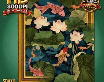 Arte de pared imprimible con peces koi, impresión artística de estanque de lotos, decoración zen japonesa, decoración botánica de pared verde azulado, baño, spa, dormitorio, descarga digital