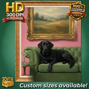 Black Labrador Wall Art Print, Vintage Lounge Dog Portrait, Green Tufted Sofa, Martini Cocktail Decor, Pink Salon Wall