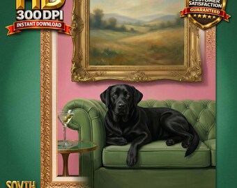 Black Labrador Wall Art Print, Vintage Lounge Dog Portrait, Green Tufted Sofa, Martini Cocktail Decor, Pink Salon Wall