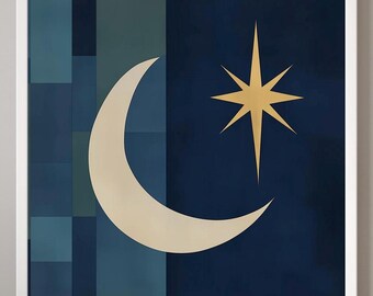 Arte murale geometrica con mezzaluna e stella / Stampa digitale astratta quadrata / Arredamento minimalista boho per la casa / Download di cielo notturno moderno