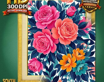 Arte murale floreale vibrante stampabile, stampa botanica di rose a piena pagina, arredamento moderno e colorato, download immediato in formato JPG.