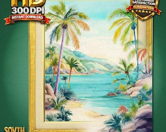 Decorazione murale con laguna tropicale, stampa di palme costiere ad acquerello, paesaggio di spiaggia turchese, arredamento per case sulla spiaggia, stampabile