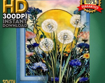 Dandelion wall art wildflower sunset print, botanical floral painting yellow blue, boho cottagecore nature decor, instant art download