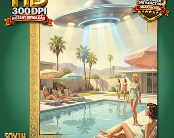 Arte murale stampabile UFO Mid Century Modern, poster retrò per feste in piscina nel deserto, decorazioni fantascientifiche dell'era atomica, download di Palm Springs