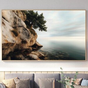 Lonely Pine Tree by the Coast Digital Wall Art | Serene Coastal Printable Artwork | Calm Sea and Cliff Decor for Living Room or Office