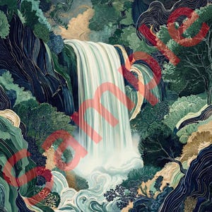 Vertical Japanese waterfall wall art featuring a luminous white cascade flowing through deep navy and teal canyon cliffs, surrounded by layered emerald green foliage and subtle red botanical accents, rendered in a modern ukiyo-e woodcut style with flowing carved linework and painterly texture.