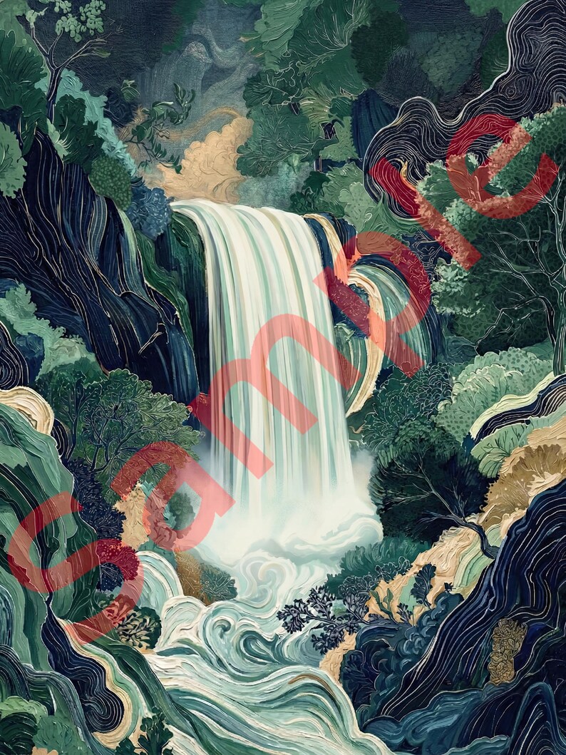 Vertical Japanese waterfall wall art featuring a luminous white cascade flowing through deep navy and teal canyon cliffs, surrounded by layered emerald green foliage and subtle red botanical accents, rendered in a modern ukiyo-e woodcut style with flowing carved linework and painterly texture.