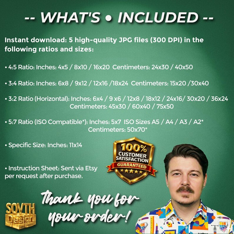 “What's Included” information graphic on a deep green background listing printable JPG file sizes and ratios (2:3, 3:4, 4:5, 5:7 ISO, 11x14) at 300 DPI RGB, with decorative gold accents and a small portrait photo in the lower corner.