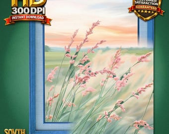 Rosa Gras Wand Kunst Download, Pastellwiese druckbare, Malerische Sonnenuntergang Landschaft, weiche Natur Dekor, Boho Cottage Wandkunst