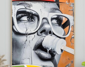 Popsicle Girl Urban Mural Art / Download di arte murale digitale iperrealistica / Ritratto monocromatico con accenti arancioni / Arredamento moderno per la casa