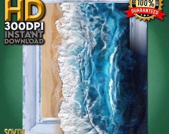 Arte murale costiera di sabbia dorata, stampa di onde oceaniche aeree, fotografia di spiaggia blu intenso, arredamento moderno per la casa in riva al mare, download di arte istantanea
