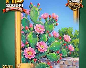 Arte de pared imprimible de cactus de tuna, impresión de flor de cactus rosa, decoración del desierto del suroeste, estilo botánico bohemio de Arizona, descarga instantánea