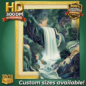 Vertical Japanese-inspired waterfall artwork featuring a tall cascading white waterfall flowing through deep navy and emerald canyon walls, surrounded by layered forest foliage and swirling teal water below. Stylized linework and modern woodcut-style detailing create a dramatic, serene landscape composition with rich blue and green tones.