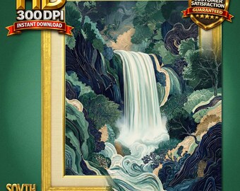 Stampa artistica da parete con cascata giapponese, paesaggio zen giapponese, canyon della foresta di smeraldo blu, stampa artistica in stile xilografia moderna