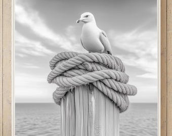 Möwe Küstenwand Kunst schwarz weiß | Nautische druckbare Fotografie digitaler Download | Minimalistisches Wohndekor mit Meeresmotiven