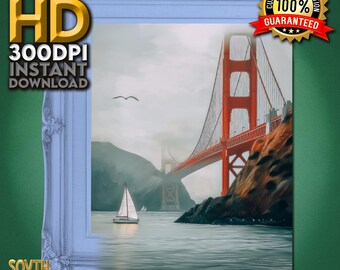 Dipinto a olio vintage del Golden Gate Bridge - Arte di San Francisco suggestiva, epica e senza tempo, stampa digitale istantanea ad alta risoluzione per l'arredamento della casa