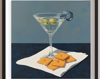 Moderne Martini und Käsecracker Digitale Kunst | Druckbares quadratisches Kunstwerk für Hausbar, Cocktail-Bar oder Küchendekoration | Sofort Download