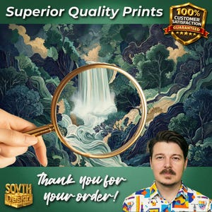 Promotional graphic for Japanese waterfall wall art print showing a cascading white waterfall through dark blue canyon cliffs and emerald foliage, viewed through a magnifying glass to highlight detail, with “Superior Quality Prints” badge and artist portrait in corner.