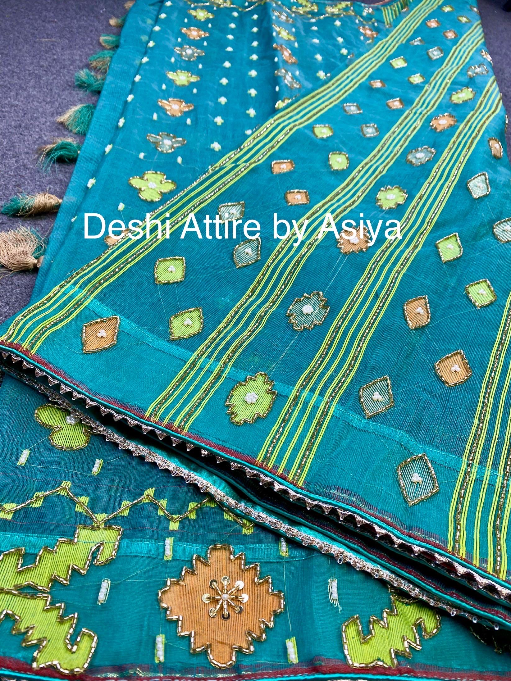 Original Dhakai Jamdani With Hand Karchupi Work in Teal Blue and