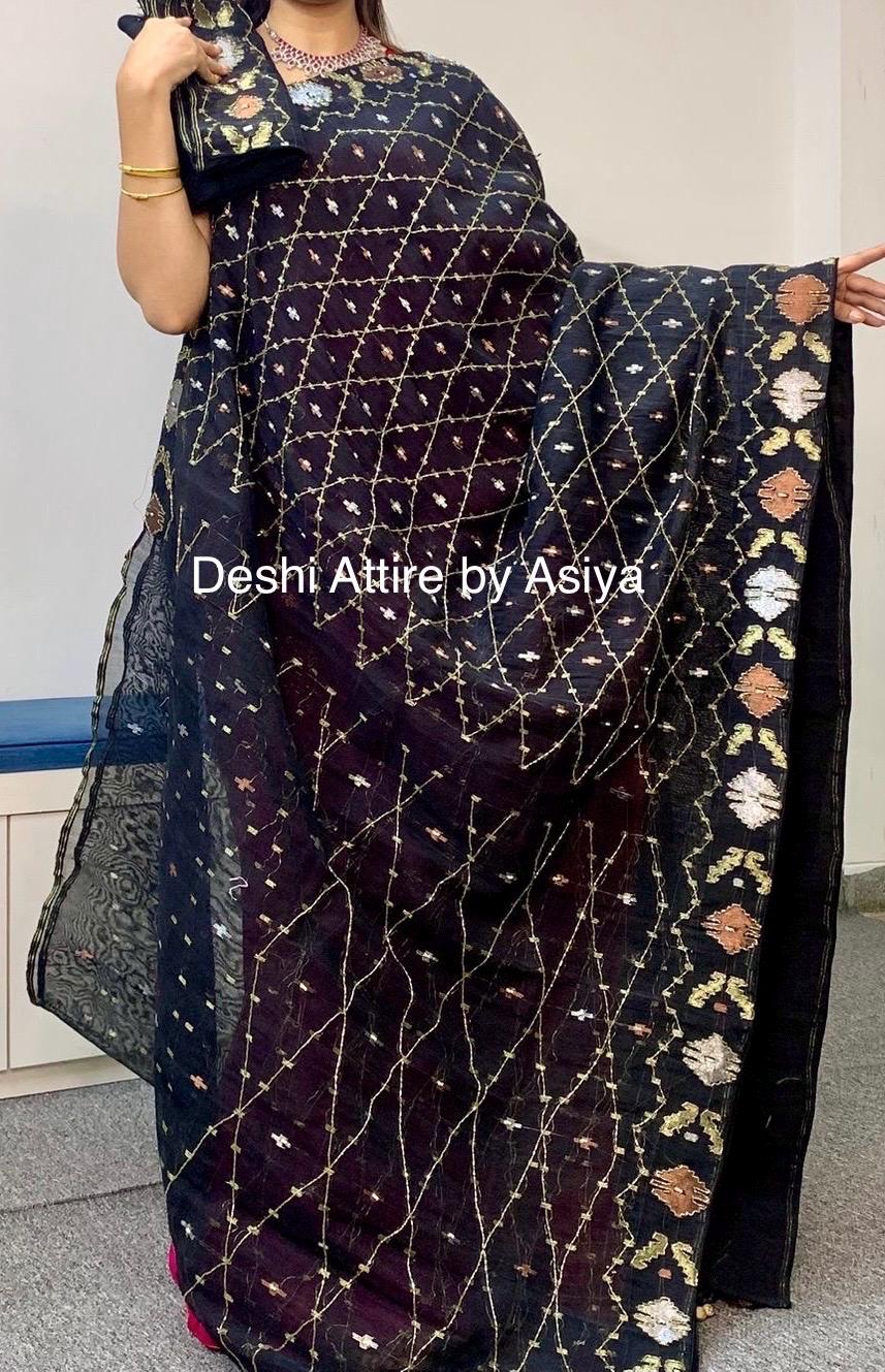 Original Dhakai Jamdani Saree With Karchupi Work in Black, 84
