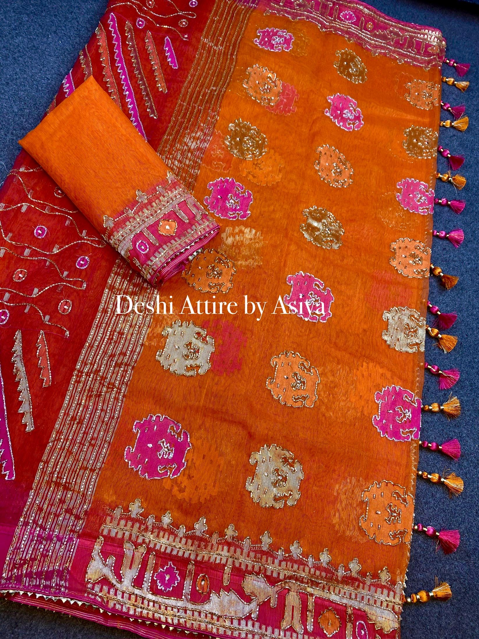 Exclusive Dhakai Jamdani Saree With Hand Karchupi Work in Orange