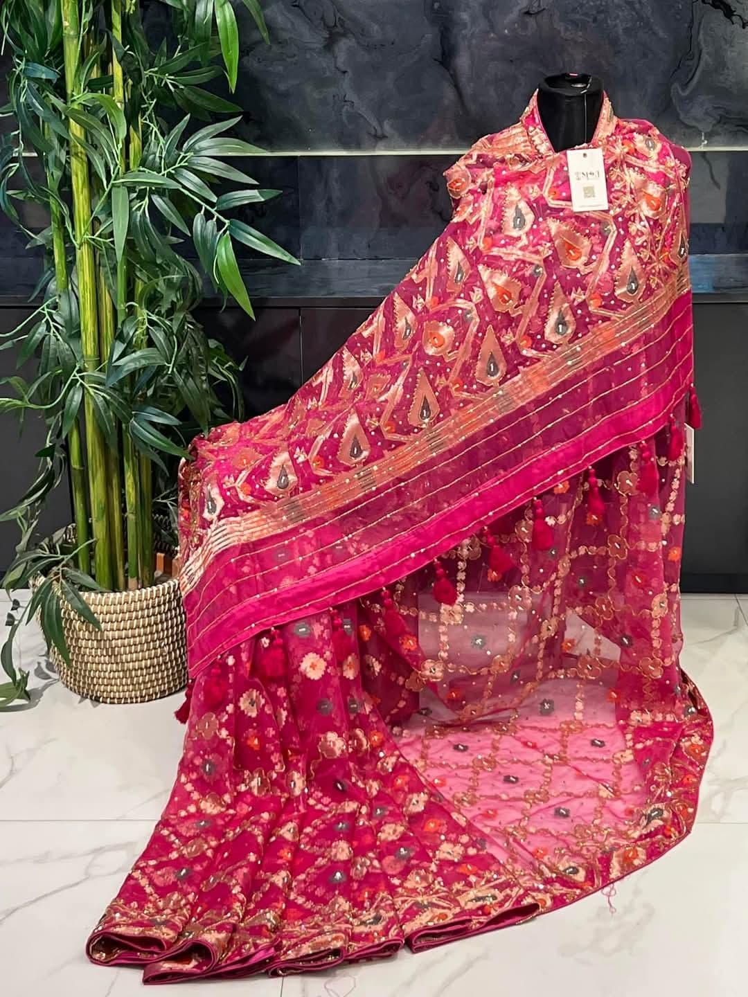 Exclusive Dhakai Jamdani Saree With Karchupi Work- Color