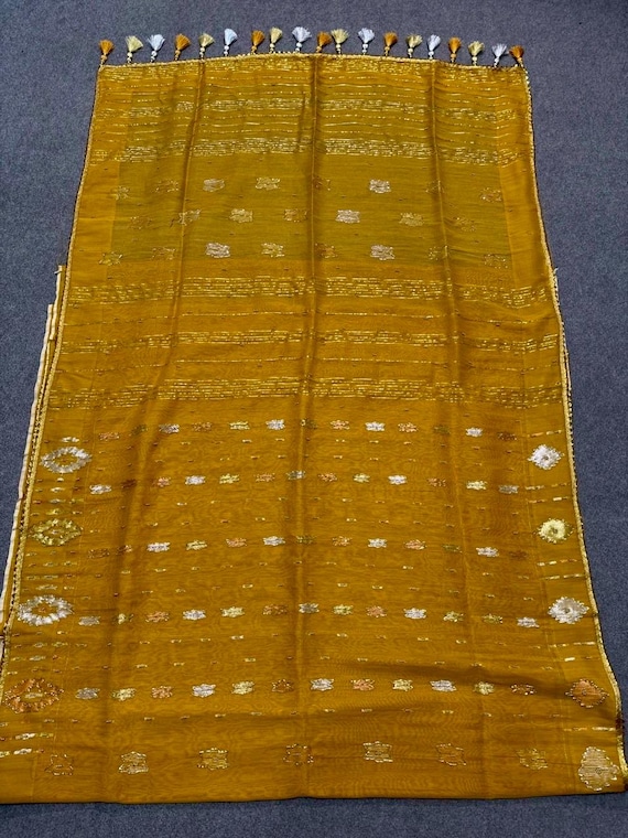 Original Dhakai Jamdani Party Saree With Karchupi Work in Yellow