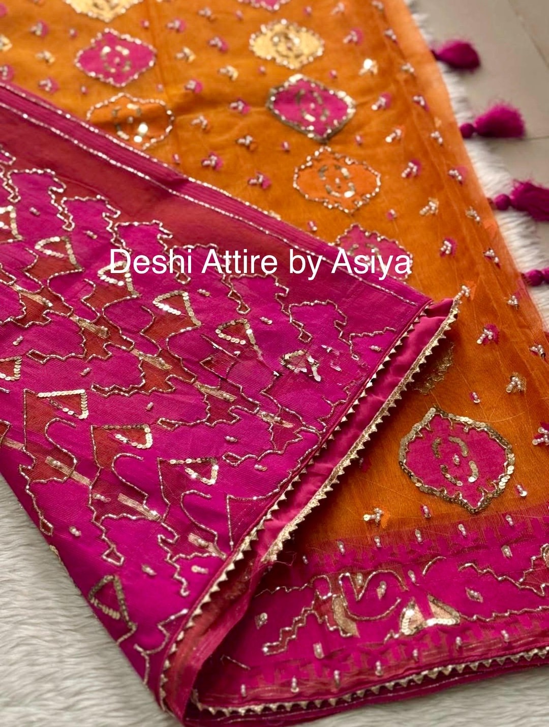 Original Dhakai Jamdani Saree With Hand Karchupi Work- Orange and