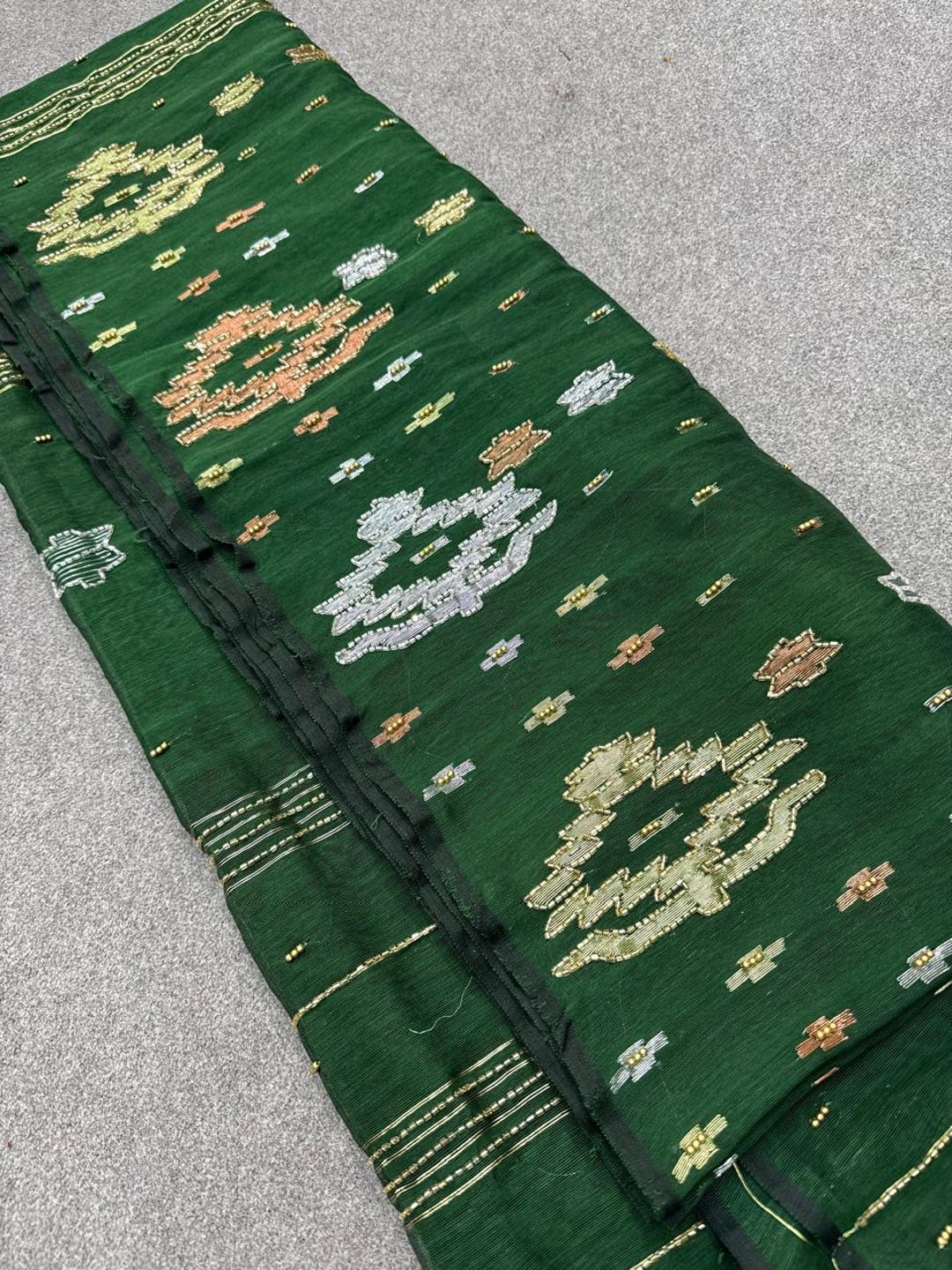 Dhakai Jamdani Saree: Hand Karchupi Embroidery, Bottle Green, 80