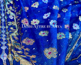 Authentic Dhakai Jamdani Saree With Karchupi Work in Blue, 84