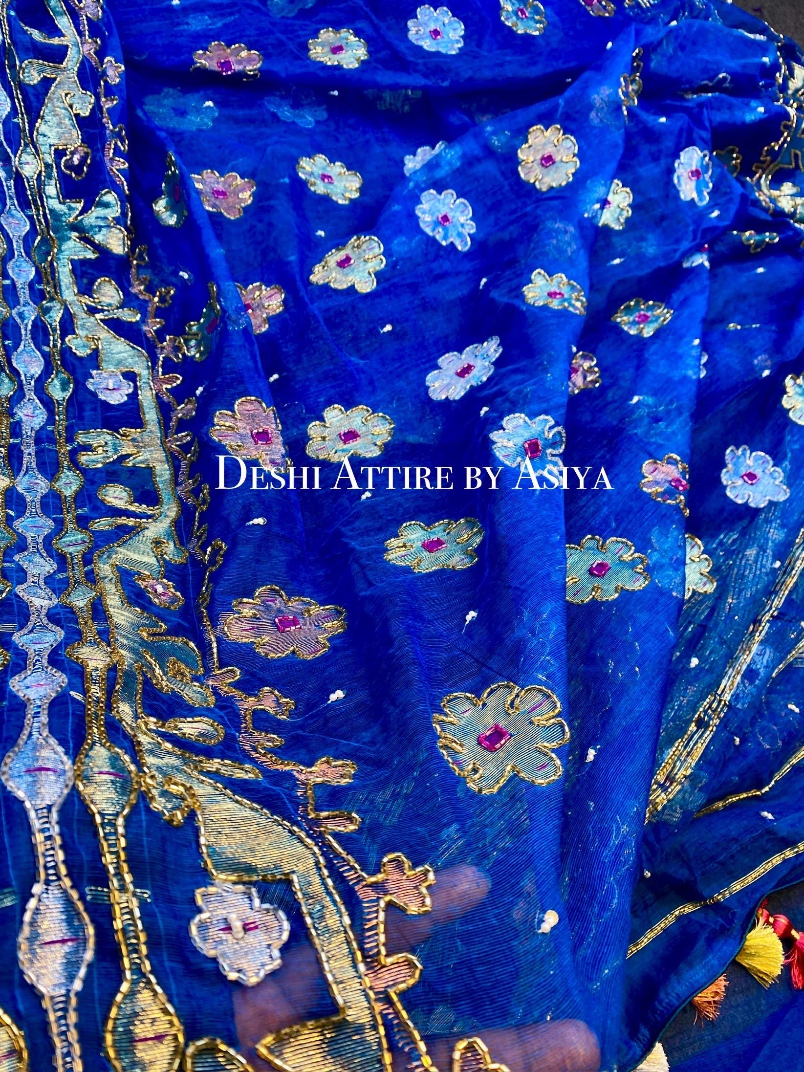 Authentic Dhakai Jamdani Saree With Karchupi Work in Blue, 84