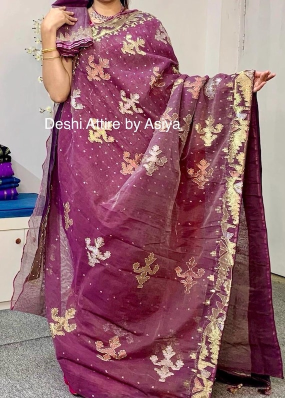 Original Dhakai Jamdani With Karchupi Work. in Dusty Pink Color