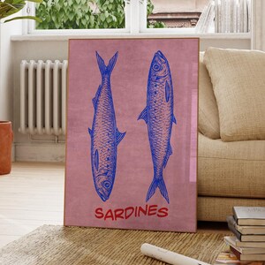 Sardines Print, Vintage Poster Retro, Nautical Kitchen Wall Art, Colorful Seafood Print, Bistro Decor, Maximalist Dining Room Art, Girly art