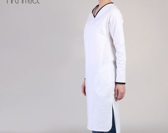 V Neck Long White Shirt with High Low Hem, White Pocket ShirtDress, Tunic Dress, Oversized White Long Shirt  - White with Black Trim