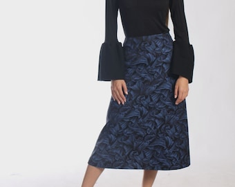 Black Blue Aline Midi Skirt / Party Skirt / Office Suit Skirt/High Waist Skirt/ Mid Length Skirt/Flare Skirt/Full Skirt / Formal Skirt