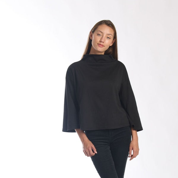 Black Mock Neck Sweater, Crop Cotton Sweater, Loose Winter Top, Funnel Neck Sweater, Oversized Flare Top, Gift for Mom