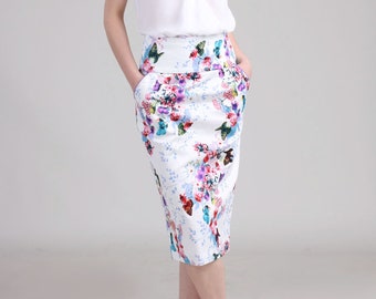 High Waist Skirt with Pocket /  Pencil Skirt / White Skirt / Floral Skirt / Plus Size Skirt / Special Event Skirt / Party Skirt / Suit Skirt