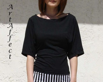 Black Kimono Top / Wide Sleeve T-Shirt / Boatneck Jersey Top / Half Sleeve Top / Slim Fit Summer Blouse / Plus Size Top / Office Blouse