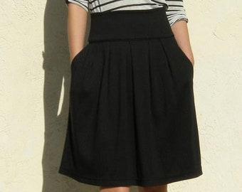 High Waist Full Skirt with Pocket / Wide Waistband Skirt / Black Cotton Jersey Skirt / Knee Length Pleated Skirt / Flare Skirt/Aline  Skirt