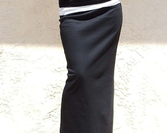 Black Maxi Skirt with Elastic Waist, Long Straight Slim Skirt, Plus Size Long Skirt, Everyday Long Skirt,  Cotton Knit Jersey Tube Skirt