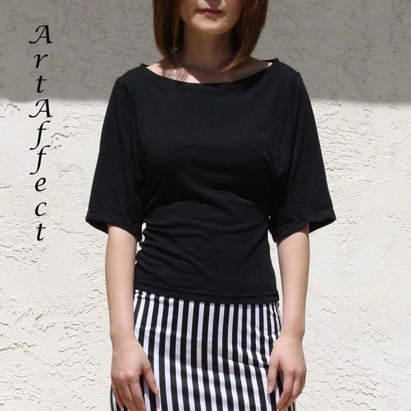 Black Kimono Top / Wide Sleeve T-Shirt / Boatneck Jersey Top / Half Sleeve Top / Slim Fit Summer Blouse / Plus Size Top / Office Blouse