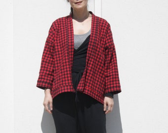 Red Black Plaid Cotton Kimono Jacket with side split, Short Kimono Robe, Cozy Warm Cardigan, Casual Winter Wrap, Capsule Wardrobe