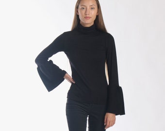 Black Turtleneck Sweater with Long Bell Sleeve / Slim Fitted Turtleneck / Winter Blouse / Trumpet Sleeve Blouse / Flare Sleeve Top