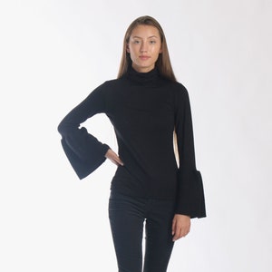 Black Turtleneck Sweater with Long Bell Sleeve / Slim Fitted Turtleneck / Winter Blouse / Trumpet Sleeve Blouse / Flare Sleeve Top