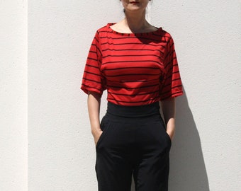 Red and Black Stripe Kimono Top / Wide Sleeve T-Shirt / Boatneck Jersey Top / Half Sleeve Top / Slim Fit Summer Blouse / Plus Size Top