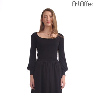 Square Neck Top with Long Puff Sleeve / Black Jersey Blouse / Scoop Neck Top / Slim Fitting Top / Puff Sleeve Shirt / Plus Size Blouse
