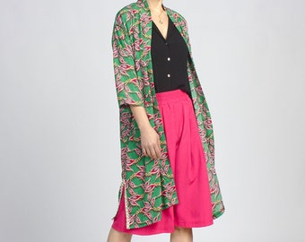 Green Botanical Kimono Robe: Cotton Boho Cardigan with Lace
