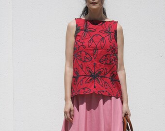 Embroidered Red Cotton Blouse: Sleeveless Boho Peasant Top